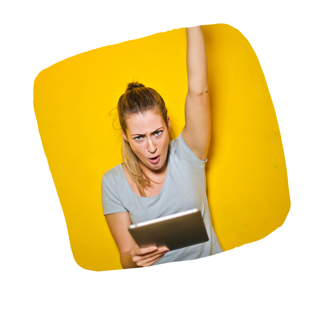 career jump what can we offer. a girl cheering and holding a tablet
